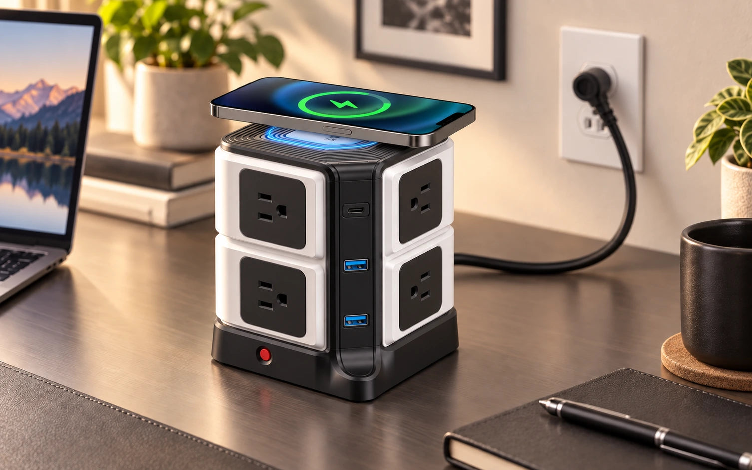 BESTEK Wireless Charger Desktop Power Strip with 8 Outlets and 3 USB Ports final product detail