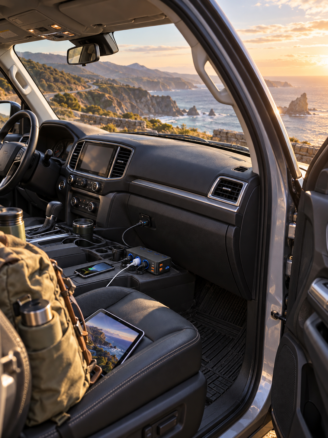 Parked SUV overlooking the coast with a BESTEK car power splitter