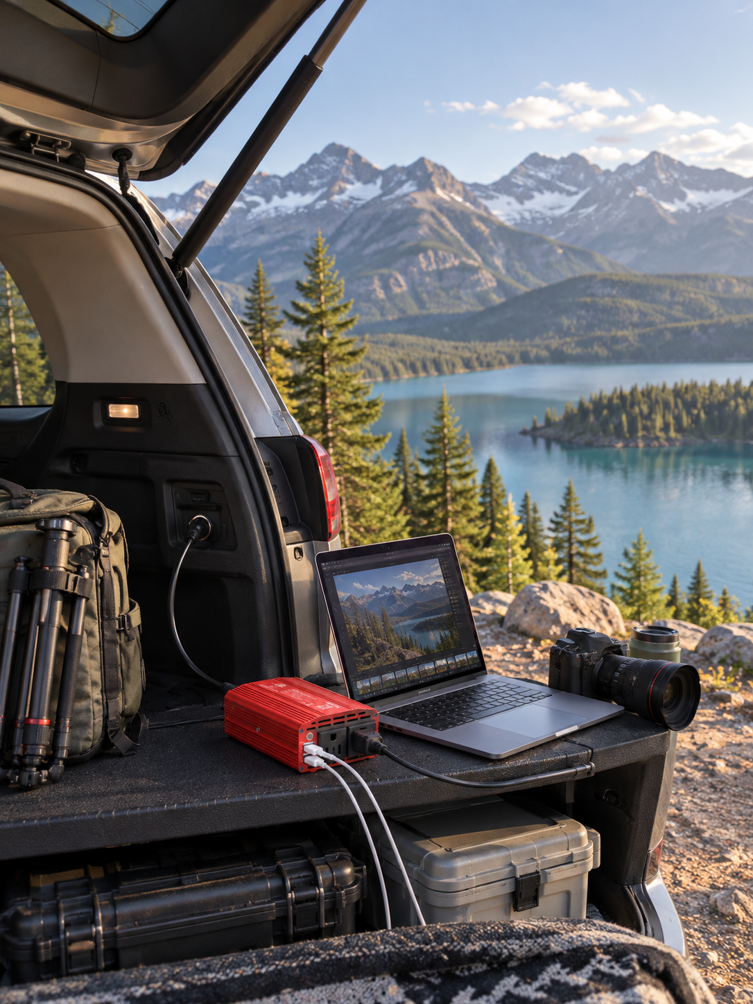 Lakeside mountain road trip with a BESTEK inverter in a parked SUV