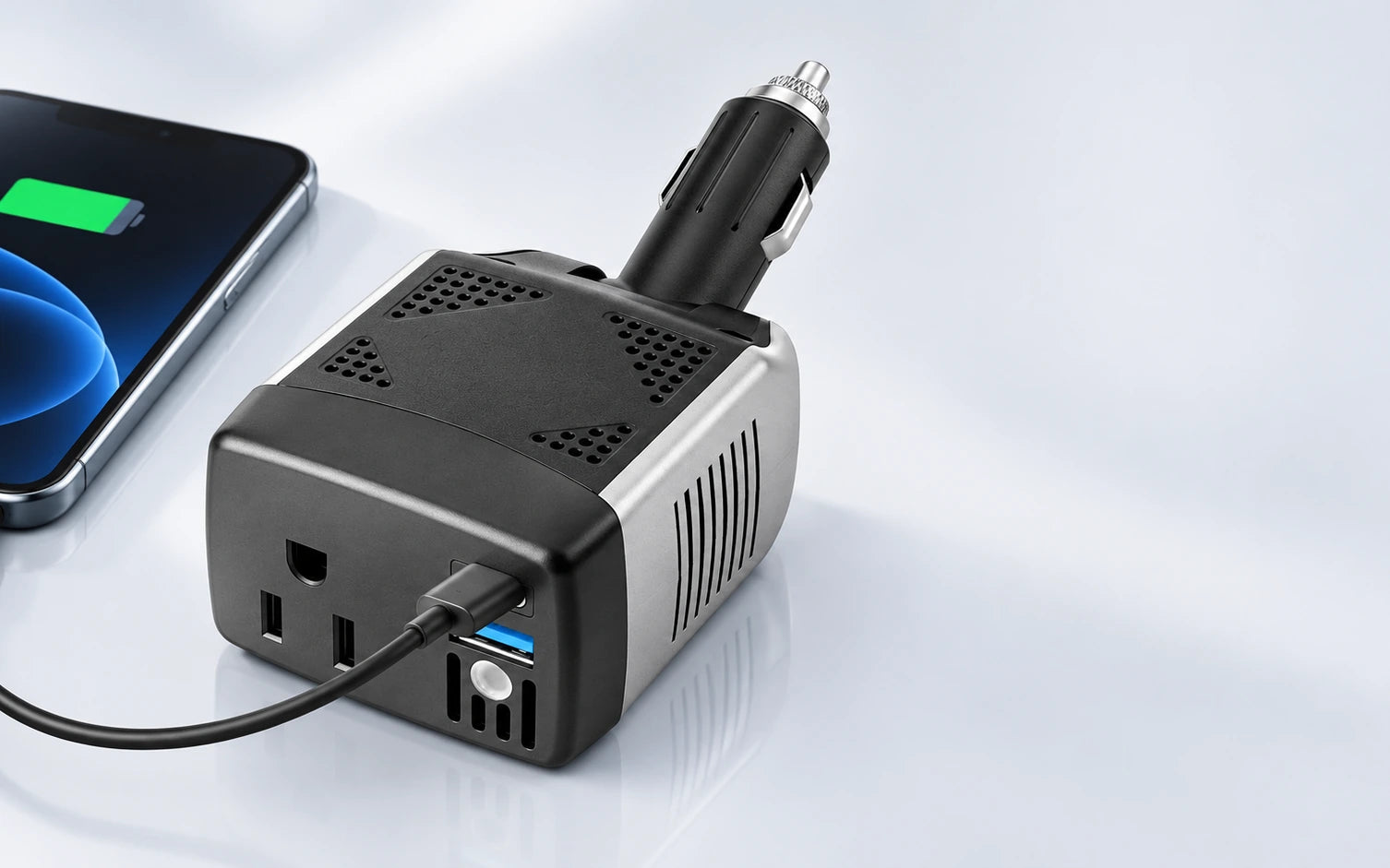 BESTEK 150W Power Inverter with PD 30W and QC 18W Dual Charging Ports controls and connections