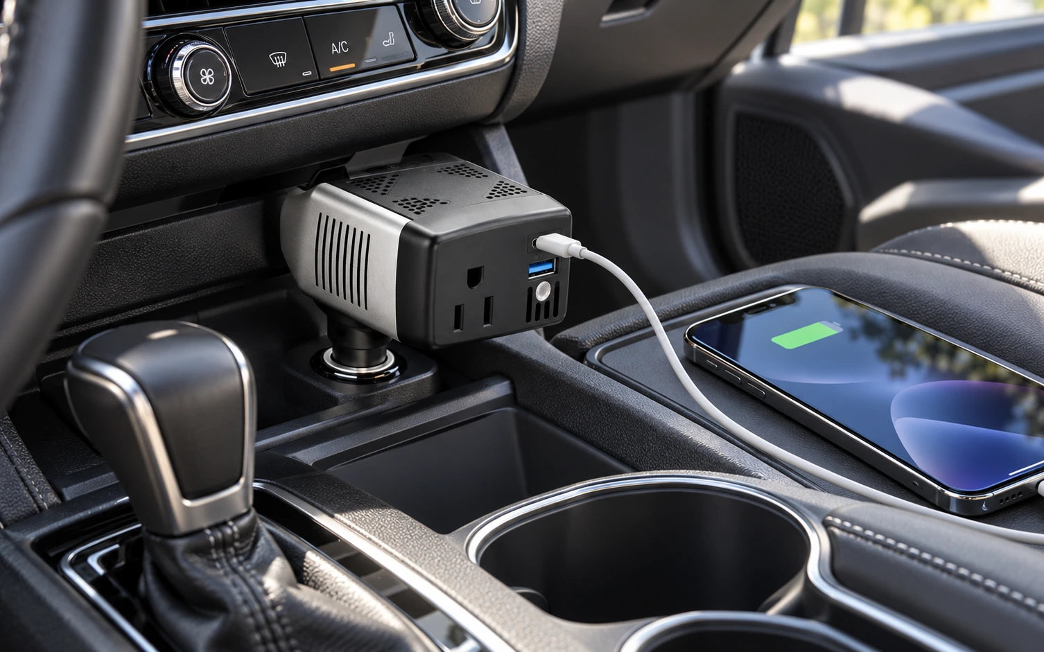 BESTEK 150W Power Inverter with PD 30W and QC 18W Dual Charging Ports in a product-specific use setting