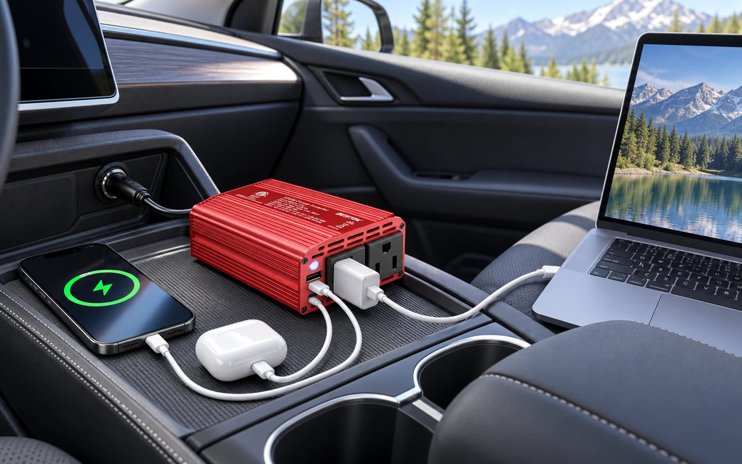 BESTEK 300W Car Power Inverter with 30W USB-C and Dual AC Outlets in a product-specific use setting