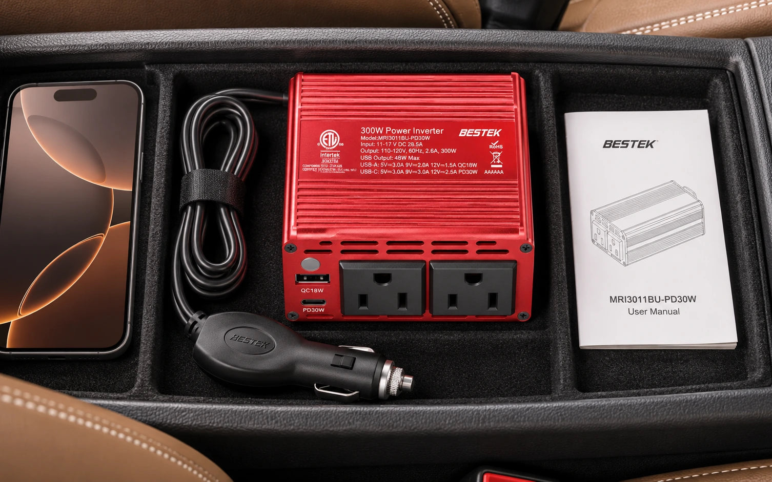 BESTEK 300W Car Power Inverter with 30W USB-C and Dual AC Outlets in a third product-specific use setting